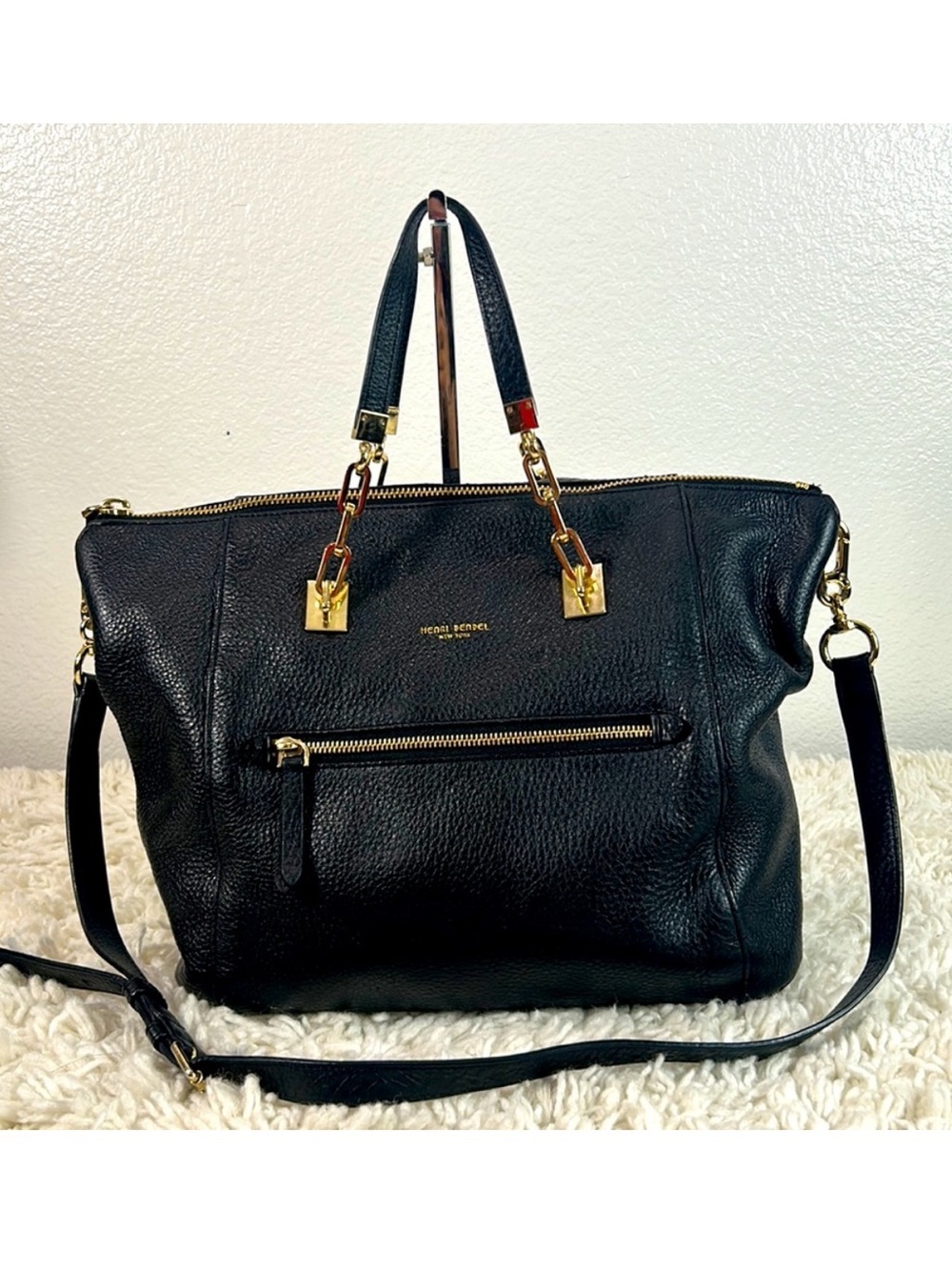 Henri Bendel New York black pebbled leather handbag purse gold hardware